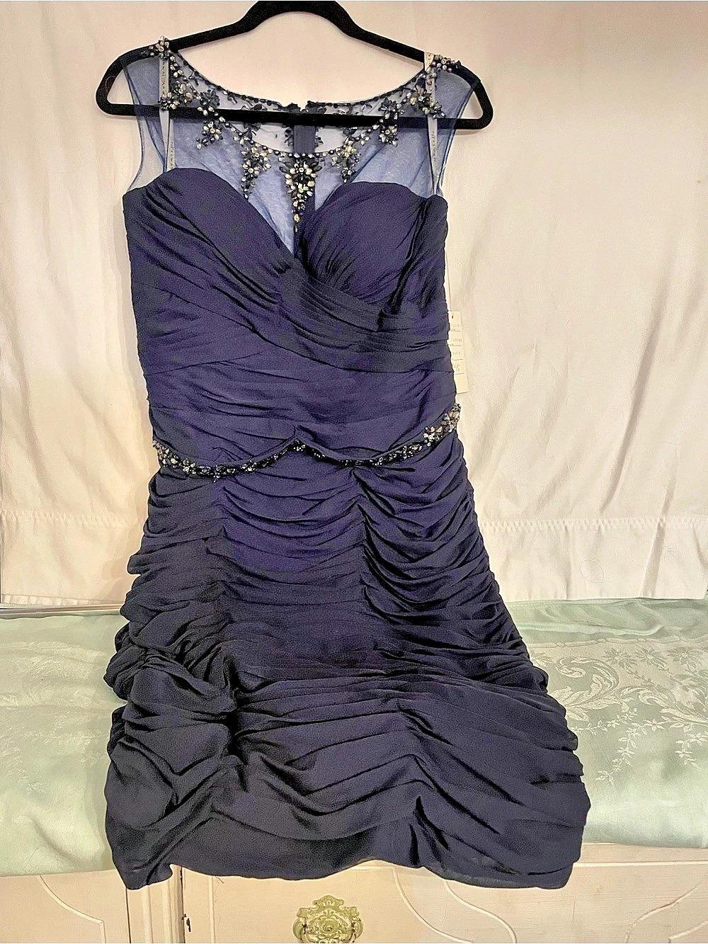 Rina Di Mella Ruched Embellished Mini Dress in Blue Size 14 Like New